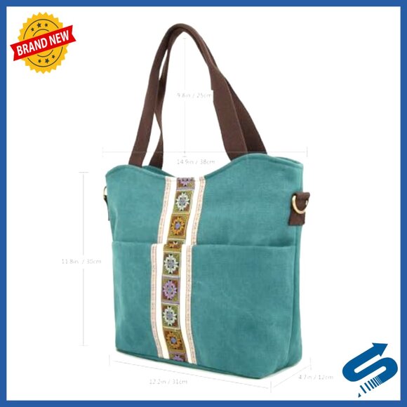 Large Canvas Tote Bag Embroidered Boho Crossbody Shoulder Bag Multi Pocket - Picture 4 of 6